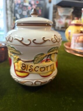 Hand-Painted Biscotti Jar - Cream and Yellow Ceramic Canister